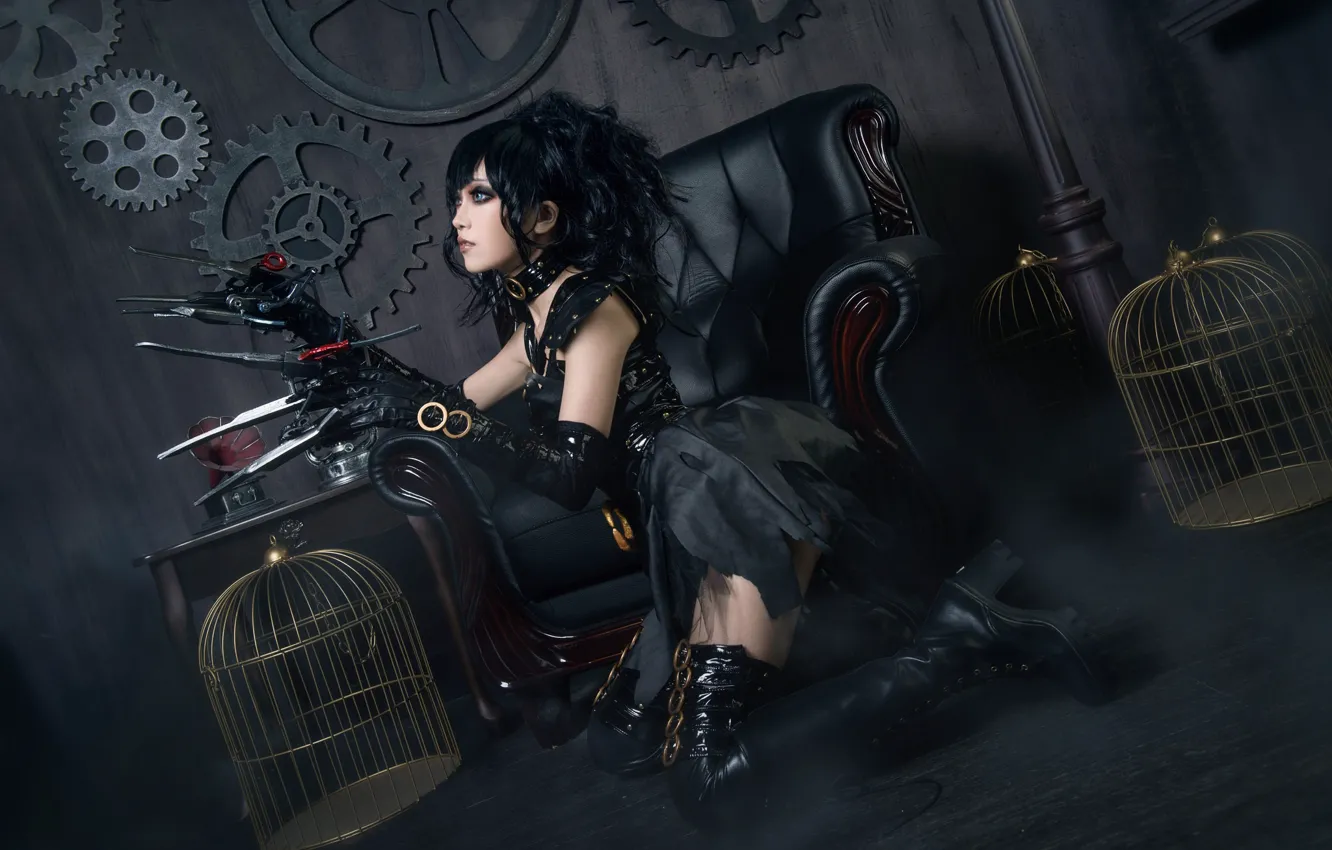 Photo wallpaper look, girl, face, pose, style, the dark background, weapons, background