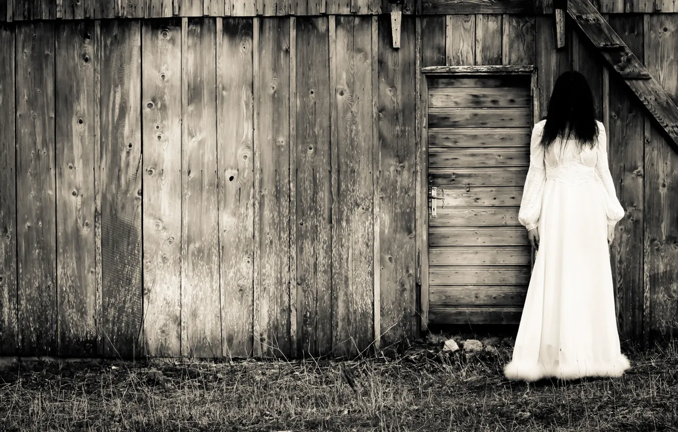 Photo wallpaper dark, woman, barn, white dress, terror