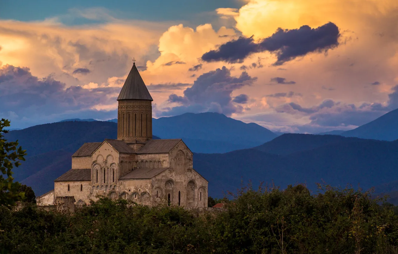Photo wallpaper the sky, landscape, mountains, nature, the evening, Cathedral, architecture, twilight
