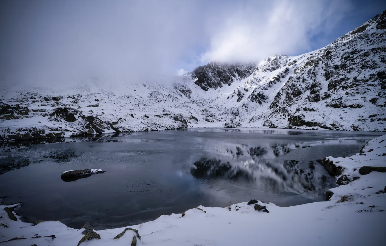 Photo wallpaper clouds, snow, mountains, nature, lake, Andorra