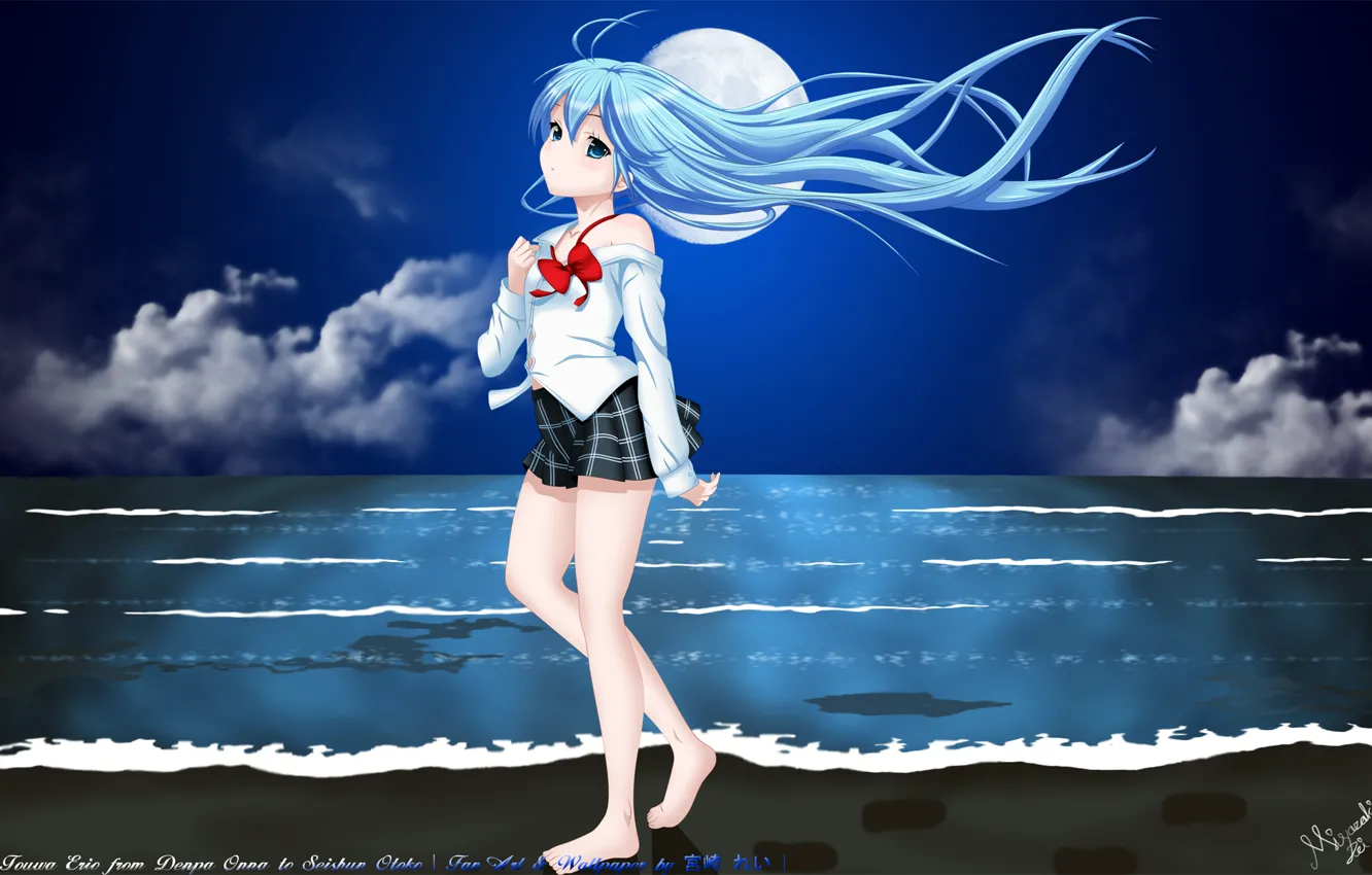 Photo wallpaper beach, girl, night, the ocean, the moon, shore, anime, art