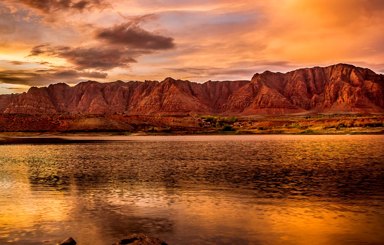 Photo wallpaper the sky, clouds, sunset, mountains, lake, stones