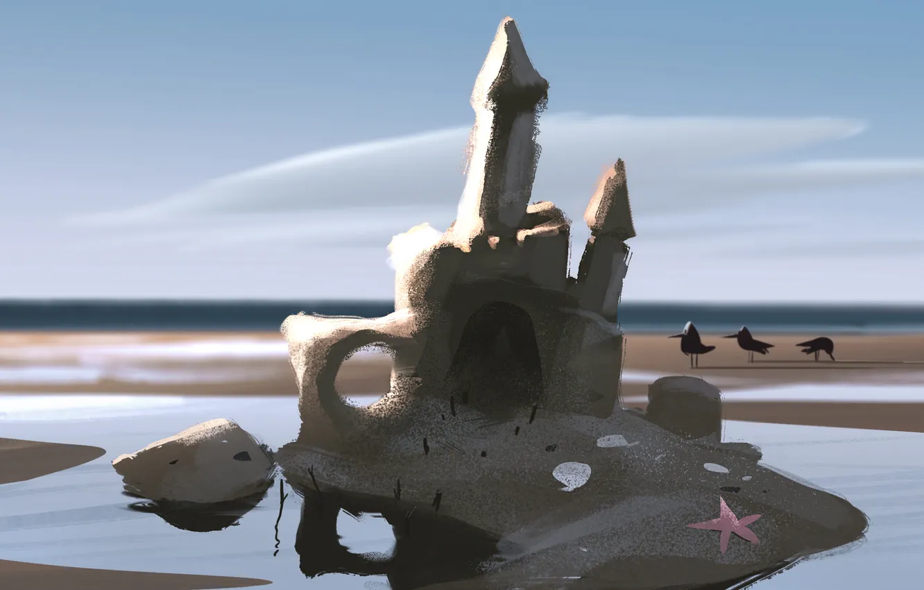 Photo wallpaper sand, water, castle, bird, art, starfish