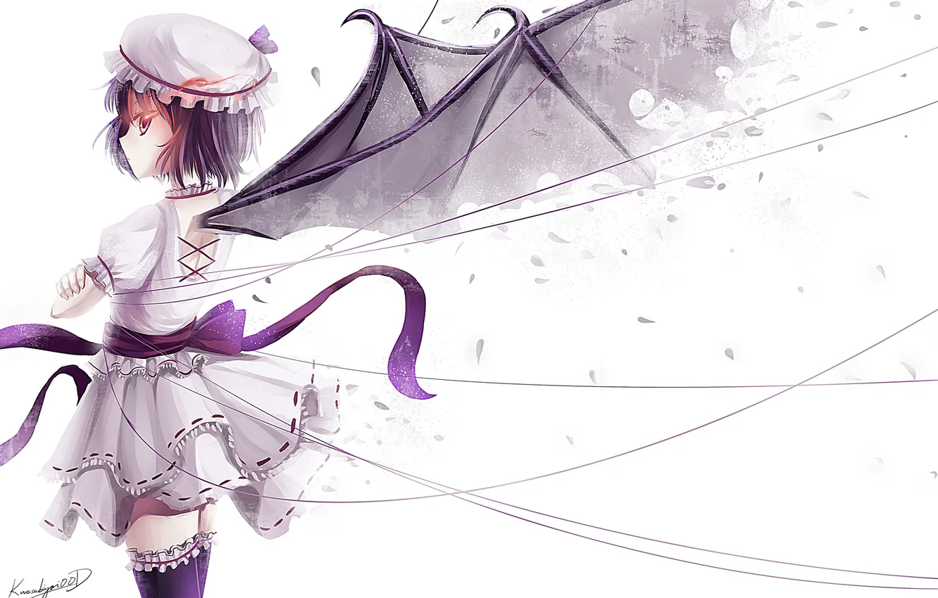 Photo wallpaper girl, wings, stockings, petals, tape, bow, thread, Touhou