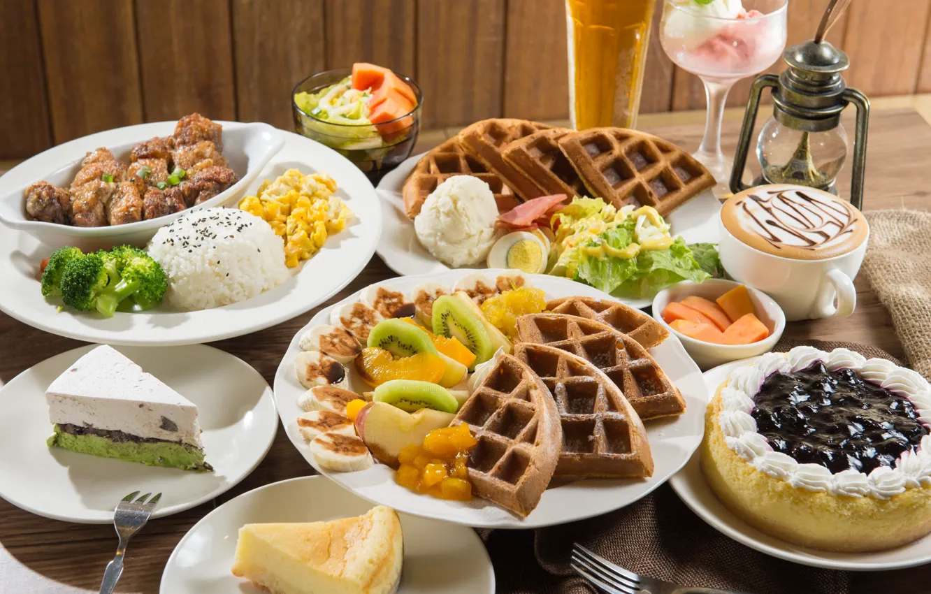 Photo wallpaper berries, coffee, kiwi, cake, figure, vegetables, dessert, waffles