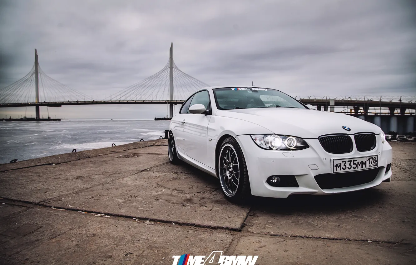 Photo wallpaper car, machine, auto, bridge, city, fog, race, bmw