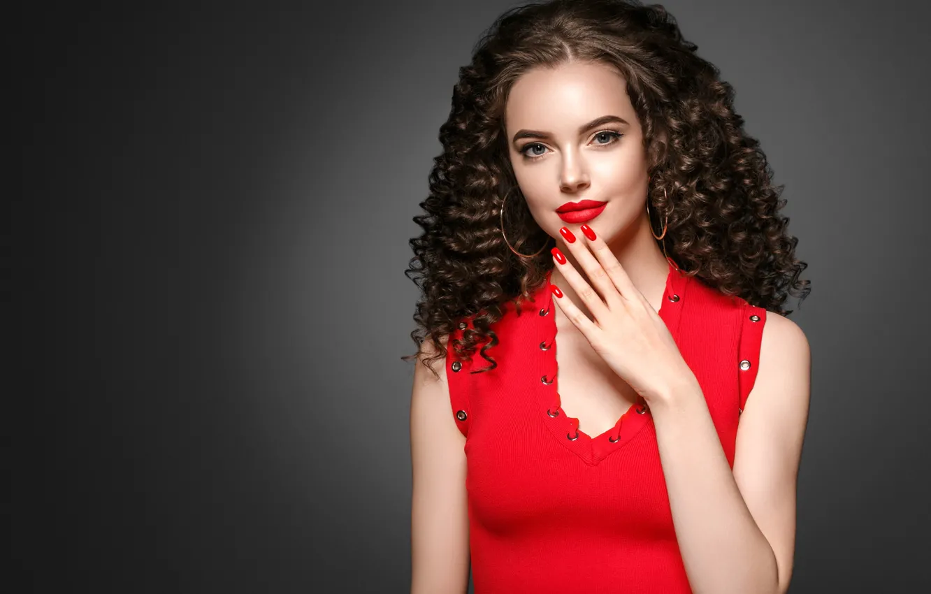 Photo wallpaper look, girl, hands, makeup, brunette, lips, manicure, red lipstick