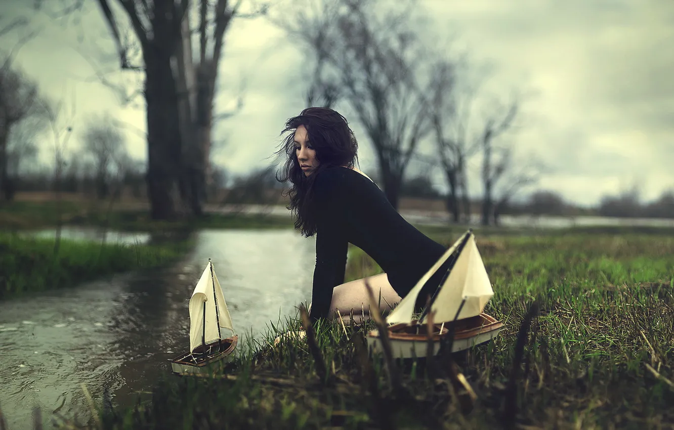 Photo wallpaper girl, river, boats