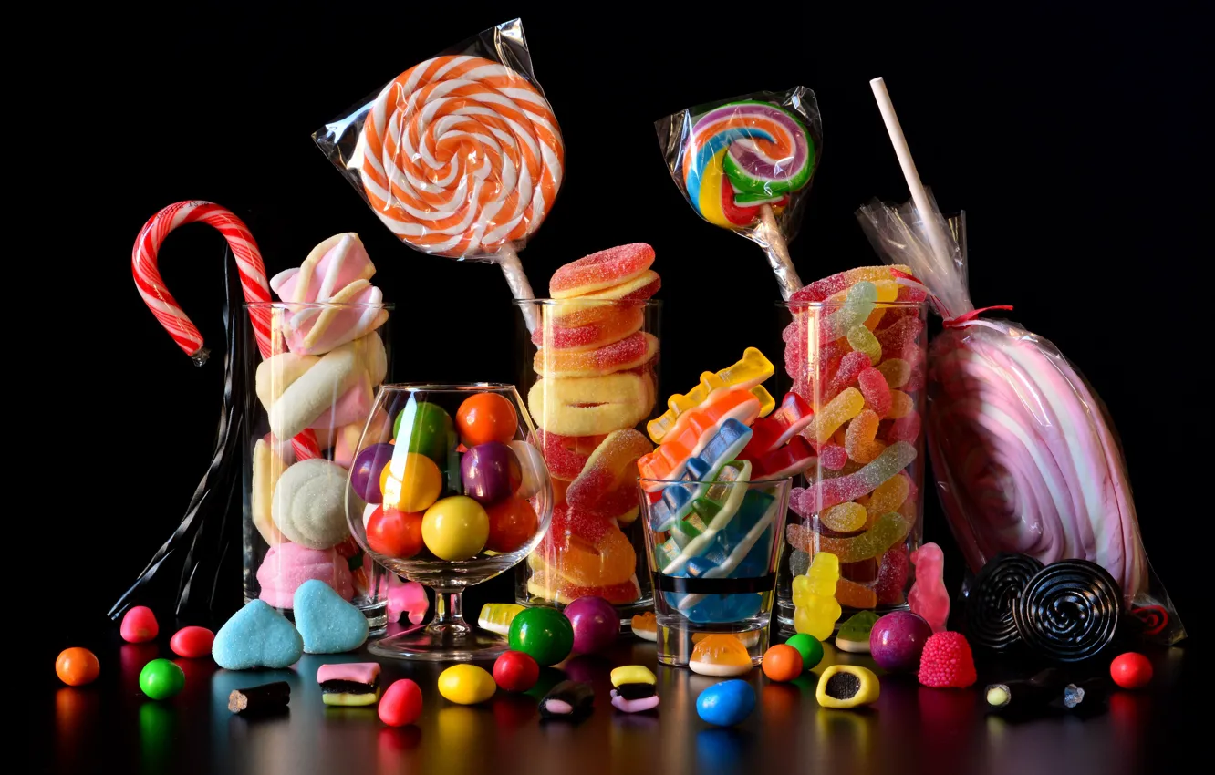 Photo wallpaper food, candy, glasses, black background, still life, pastry, a lot, different