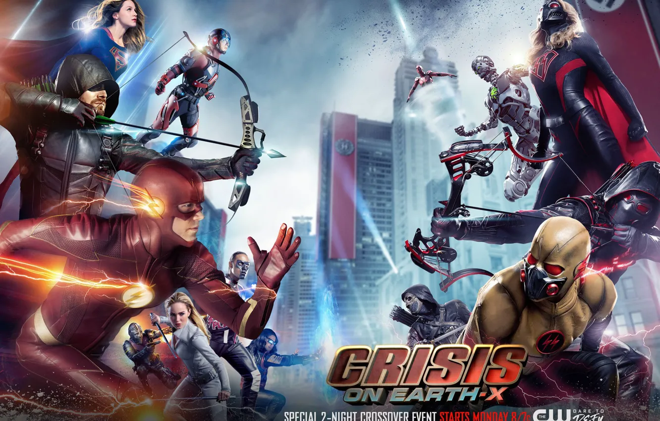 Photo wallpaper crossover, Arrow, Stephen Amell, Oliver Queen, Supergirl, Flash, Barry Allen, Legends of Tomorrow