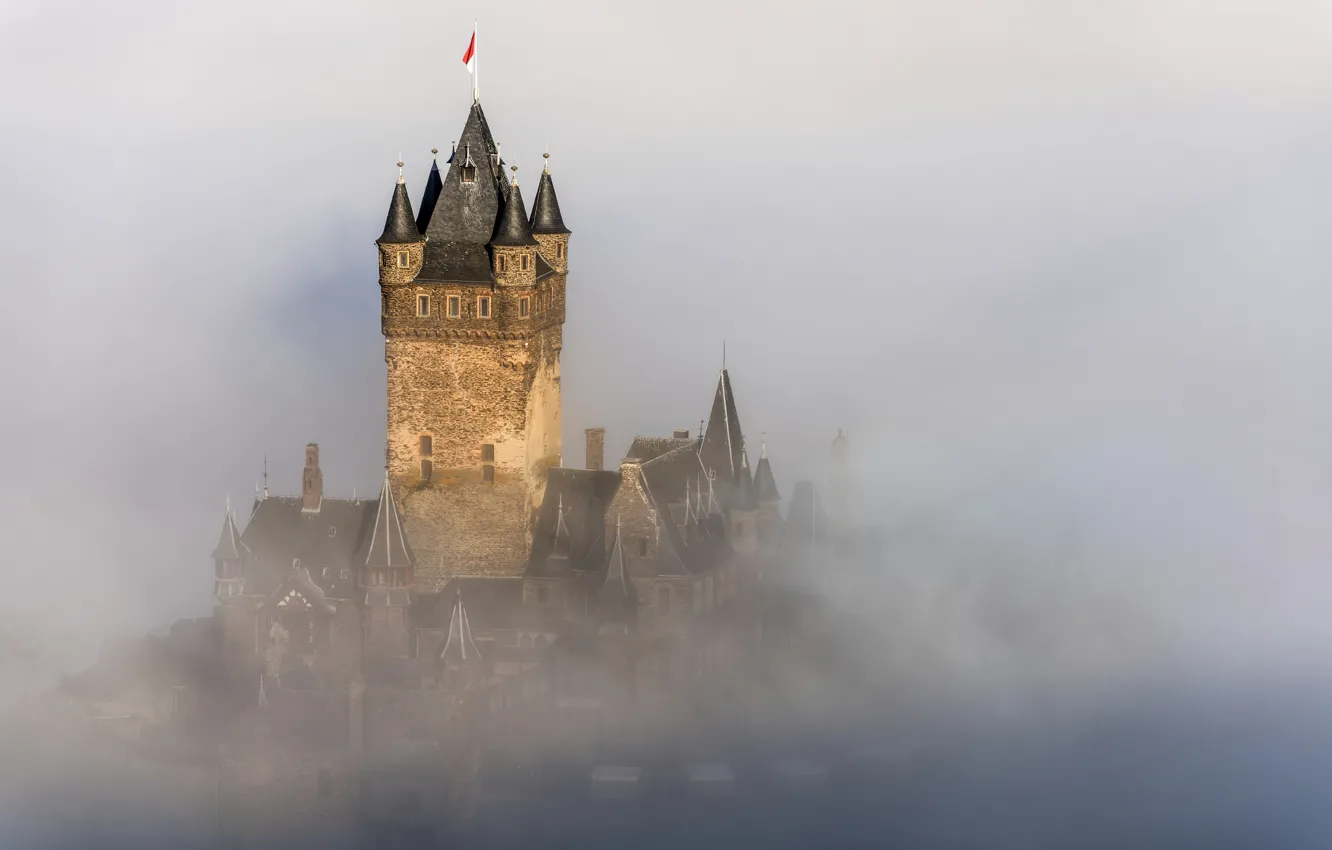 Photo wallpaper the city, fog, castle, Germany, Germany, fog, mist, Cochem