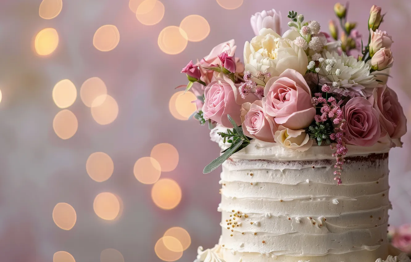 Photo wallpaper flowers, roses, cake, bokeh, AI art, neural network