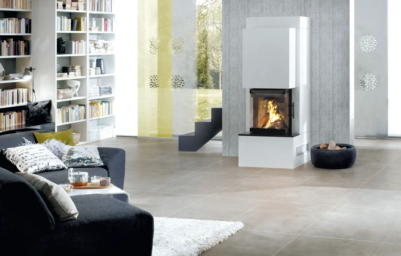 Photo wallpaper design, interior, fireplace, library, living room