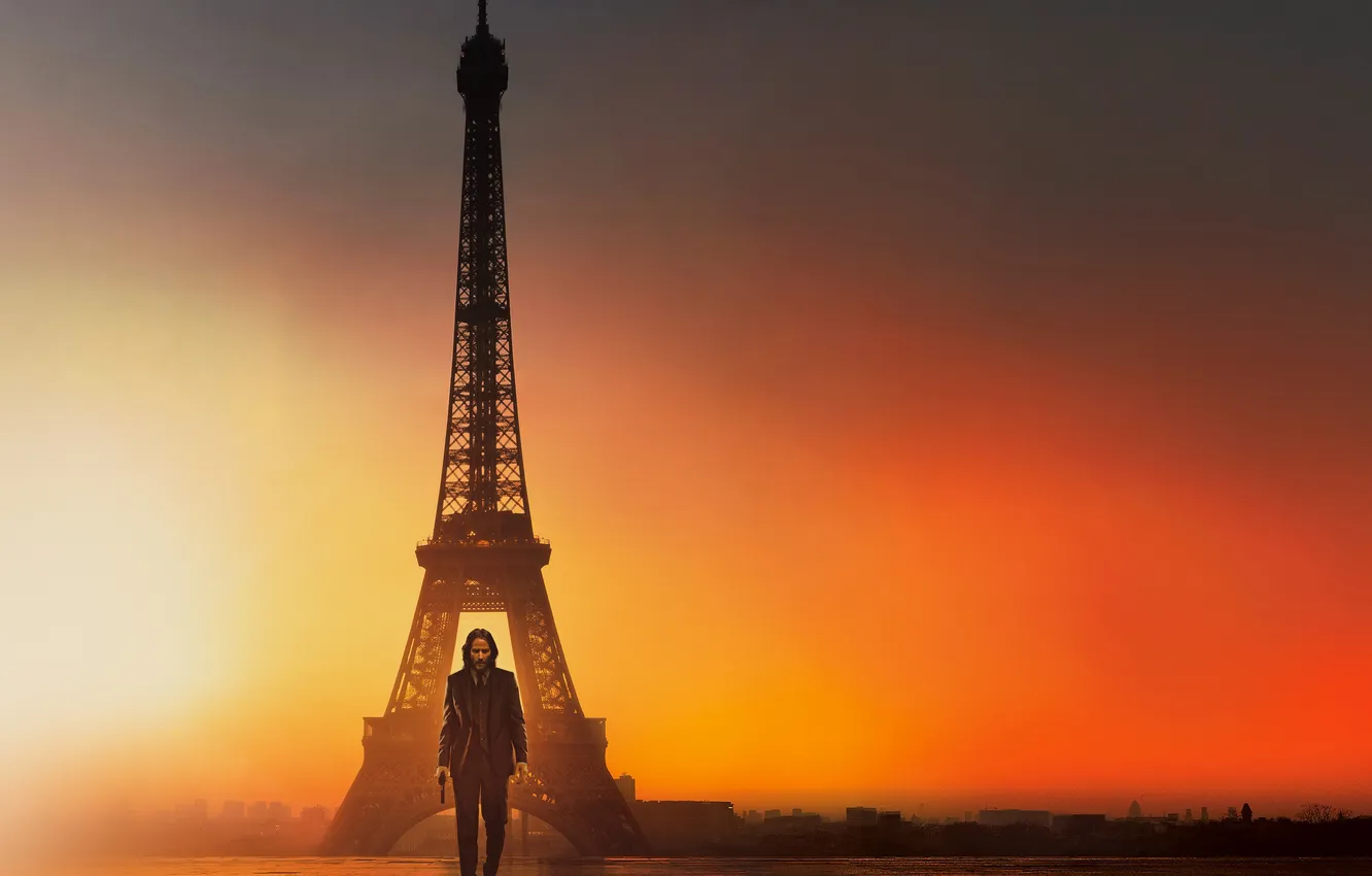 Photo wallpaper the sky, gun, background, dawn, costume, Eiffel tower, action, poster