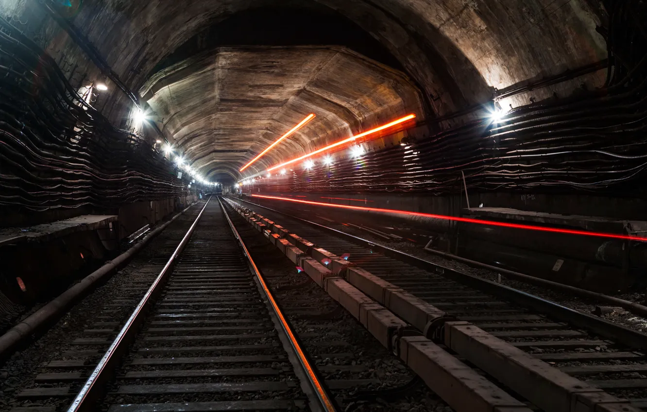 Photo wallpaper light, the city, metro, rails, speed, the tunnel