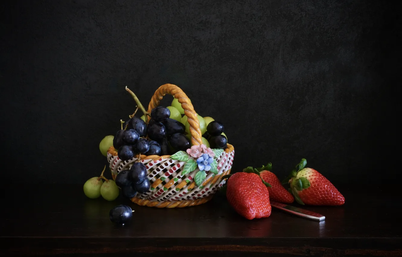 Photo wallpaper berries, the dark background, table, strawberry, grapes, spoon, still life, basket