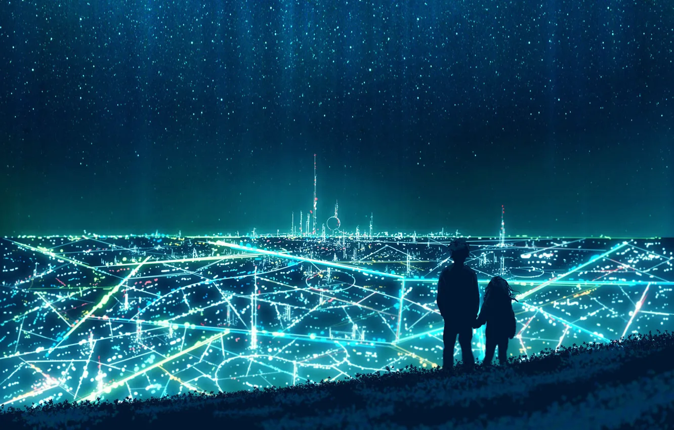 Photo wallpaper night, the city, lights, anime, two