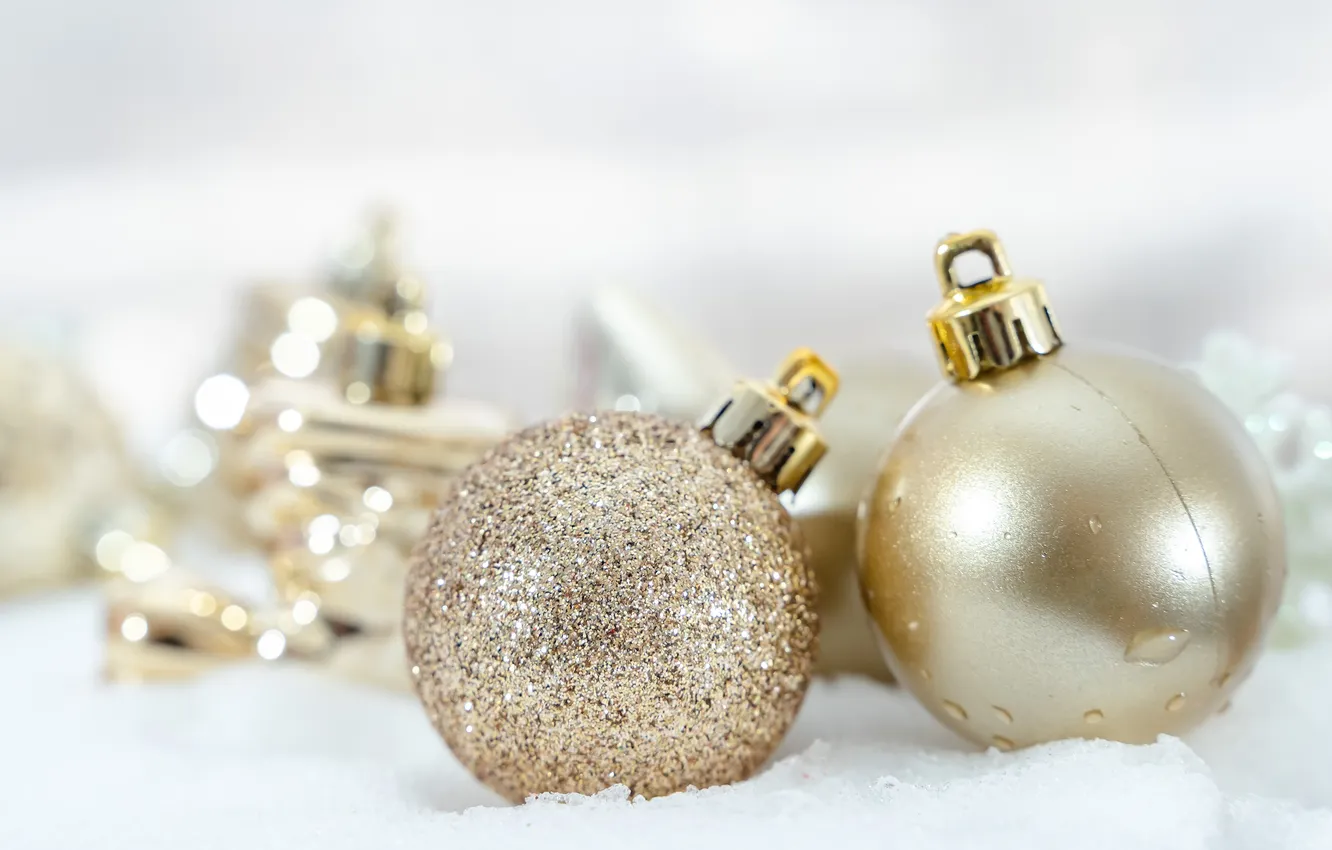 Photo wallpaper winter, balls, snow, Shine, new year, Christmas, gold, gold plated