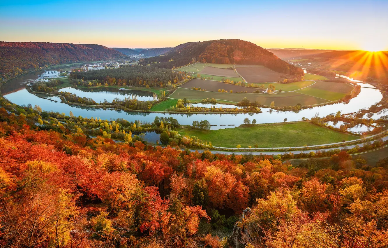 Photo wallpaper autumn, river, hills, bend