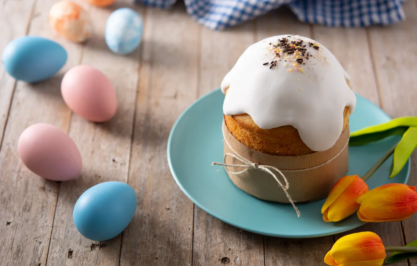 Photo wallpaper flowers, eggs, Easter, tulips, cake, eggs