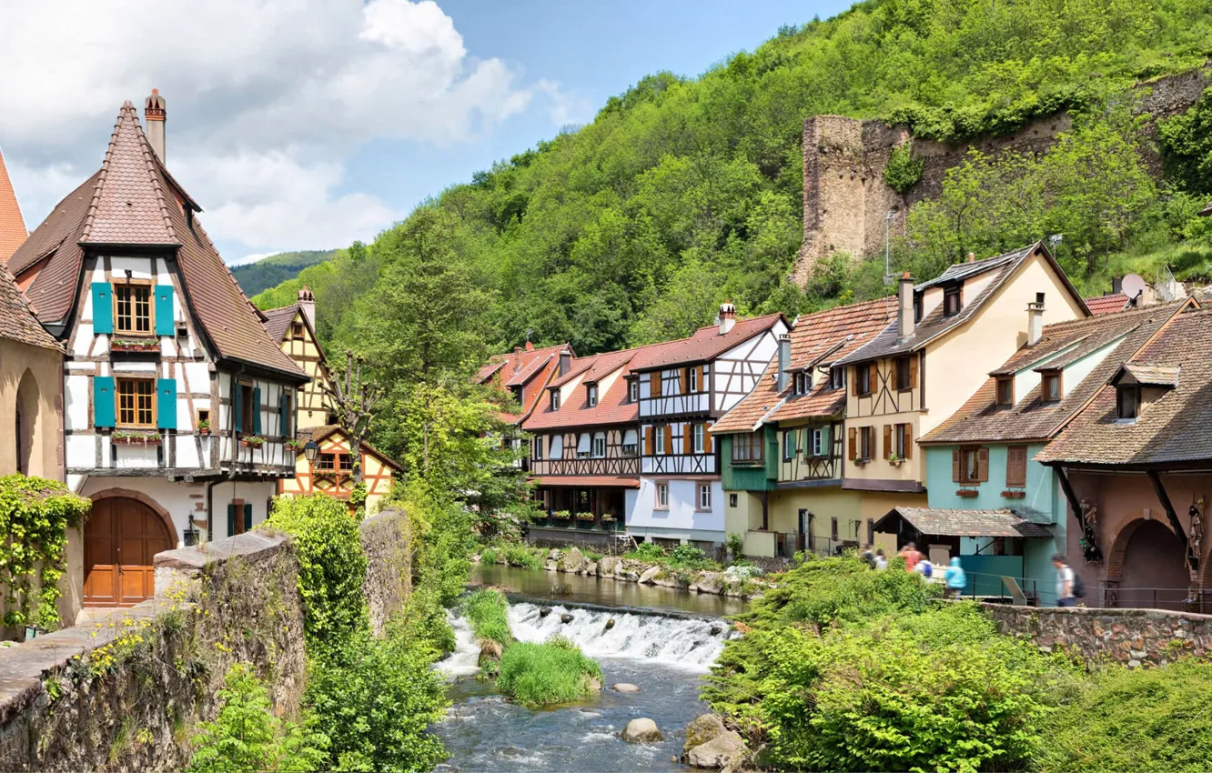 Photo wallpaper greens, river, France, home, village, dam, The ballons des Vosges