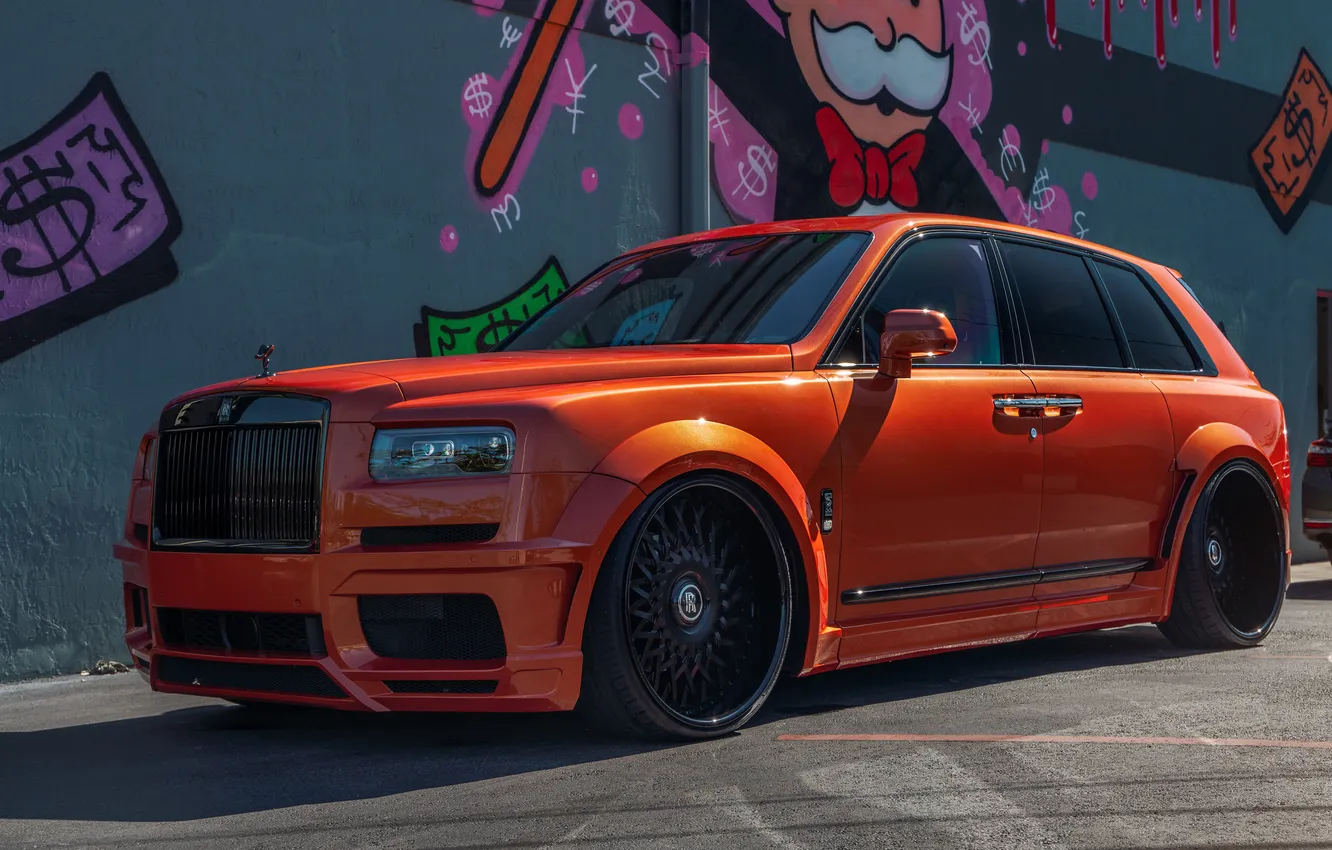 Photo wallpaper Rolls Royce, graffiti, orange, Monopoly, black wheels, Cullinan, Rolls Royce Cullinan