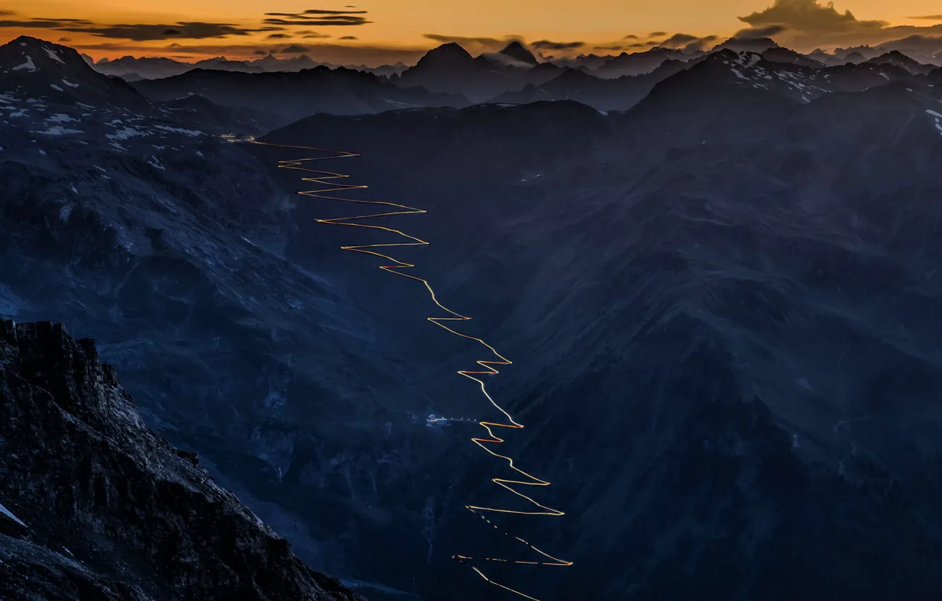 Photo wallpaper road, lights, Alps, Italy, pass, Stelvio