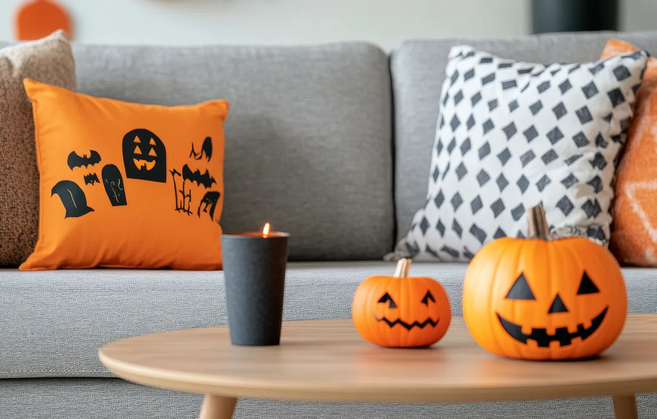 Photo wallpaper autumn, glass, room, sofa, interior, pillow, candles, pumpkin