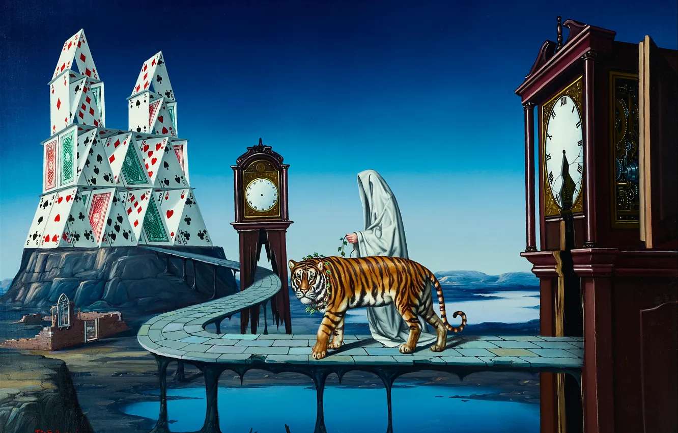 Photo wallpaper tiger, watch, people, map, picture, Italian surrealist painter, A walk through Life, Tito Salomoni