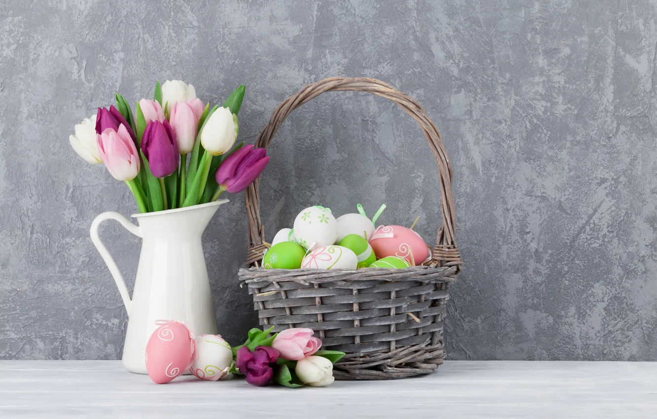 Photo wallpaper flowers, eggs, spring, colorful, Easter, wood, pink, flowers