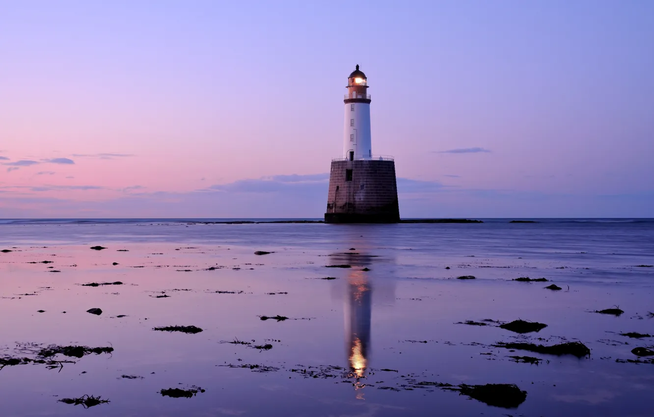 Photo wallpaper sea, the sky, clouds, lighthouse, Scotland, UK, twilight, lilac evening