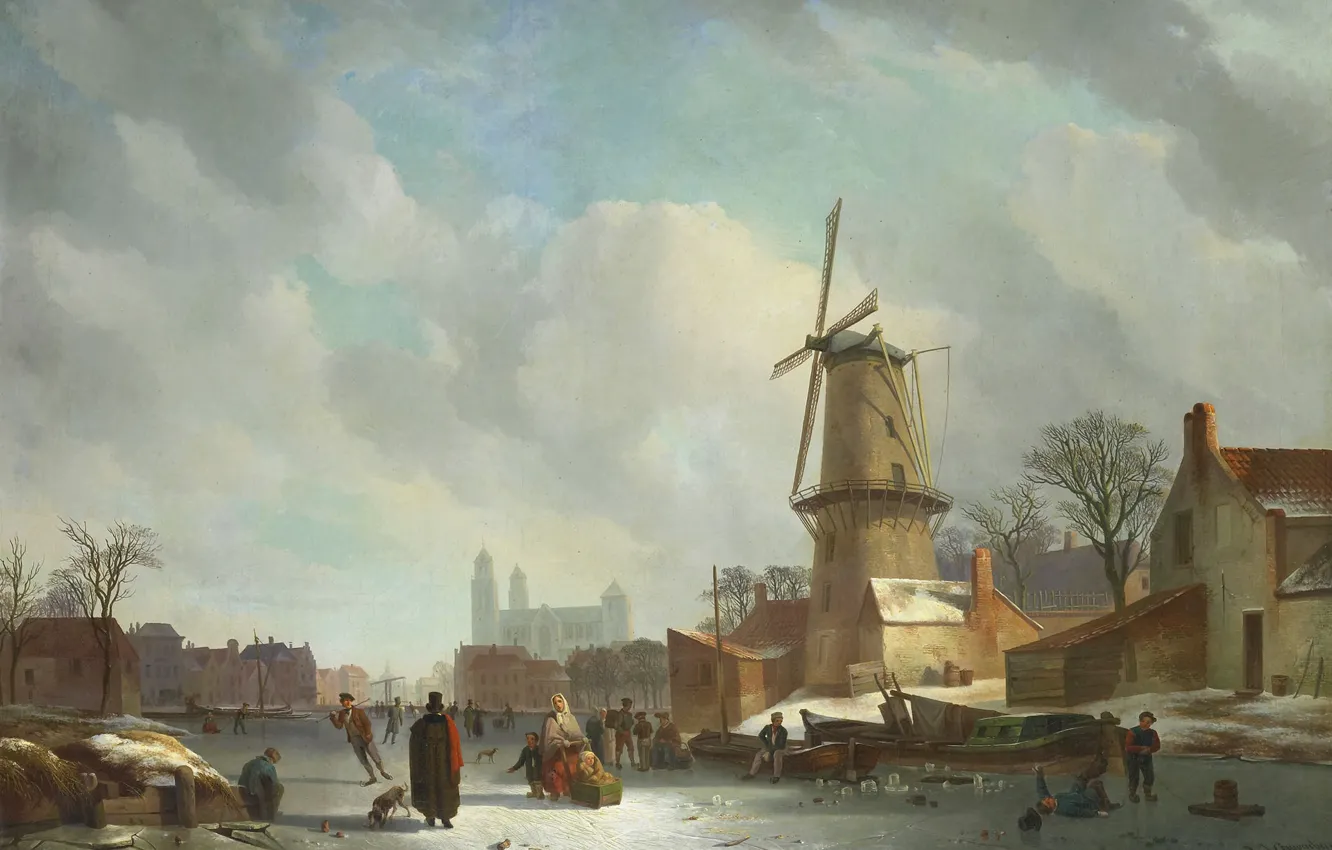Photo wallpaper winter, landscape, picture, windmill, Fun on Ice on City Channel, Abraham Johannes Couwenberg