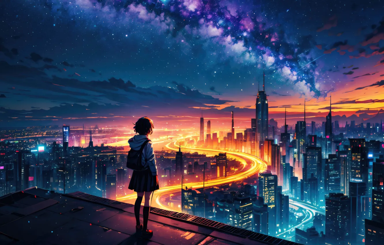 Photo wallpaper dream, stars, city, the city, skyscrapers, anime, girl, girl