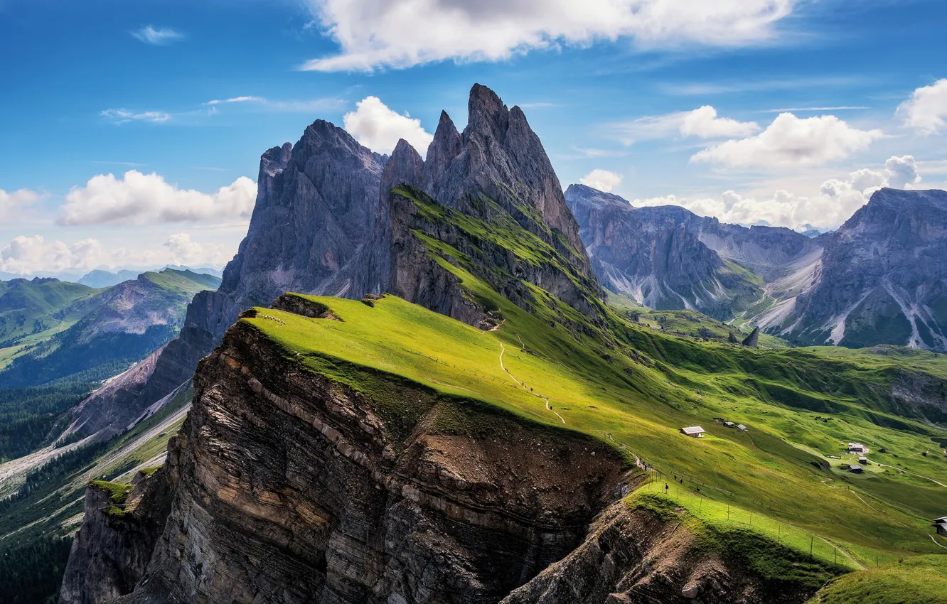 Photo wallpaper the sky, clouds, mountains, Alps, meadows