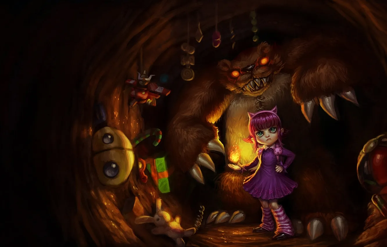 Photo wallpaper lights, magic, toy, monster, bear, art, girl, cave