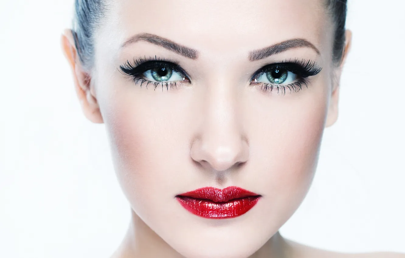 Photo wallpaper girl, eyelashes, background, makeup, lipstick, green eyes