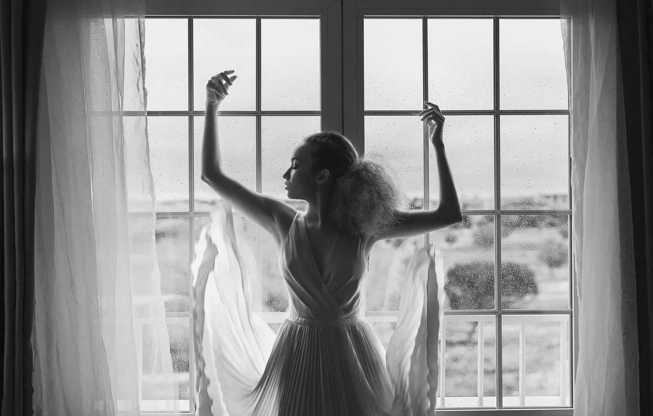 Photo wallpaper girl, drops, pose, window, black and white