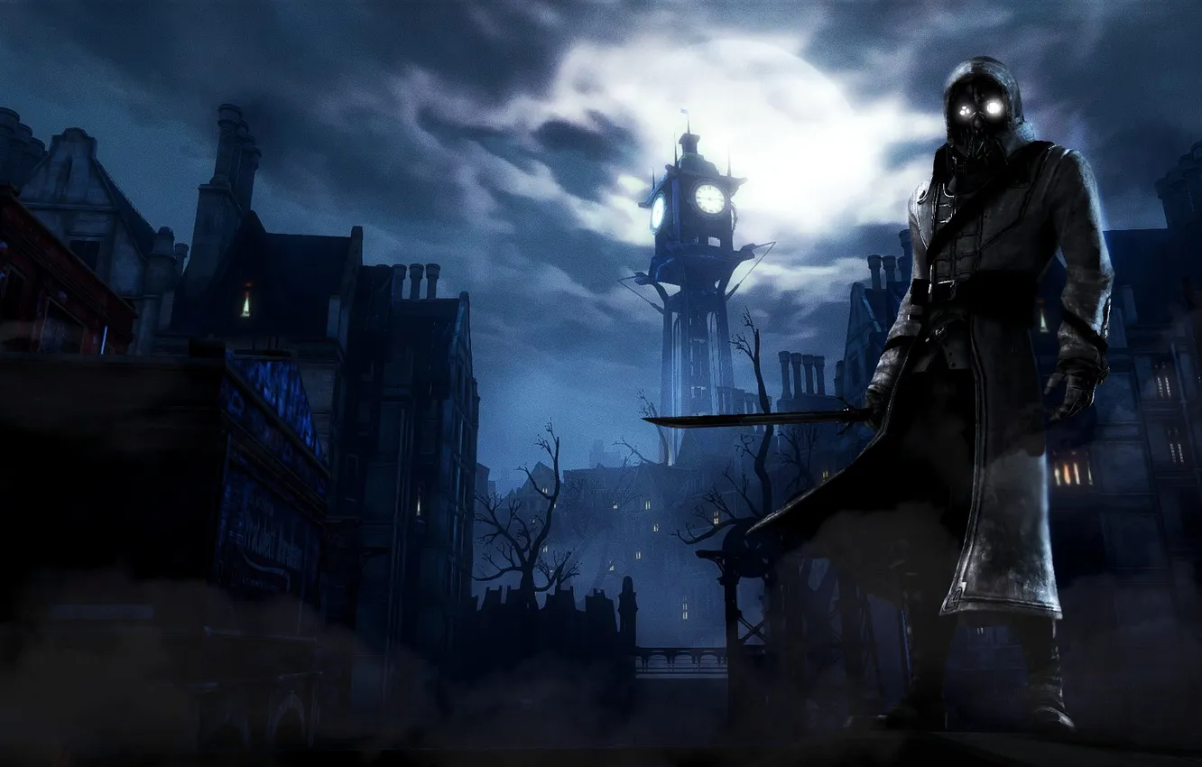 Photo wallpaper the sky, look, night, the city, weapons, the moon, the game, building