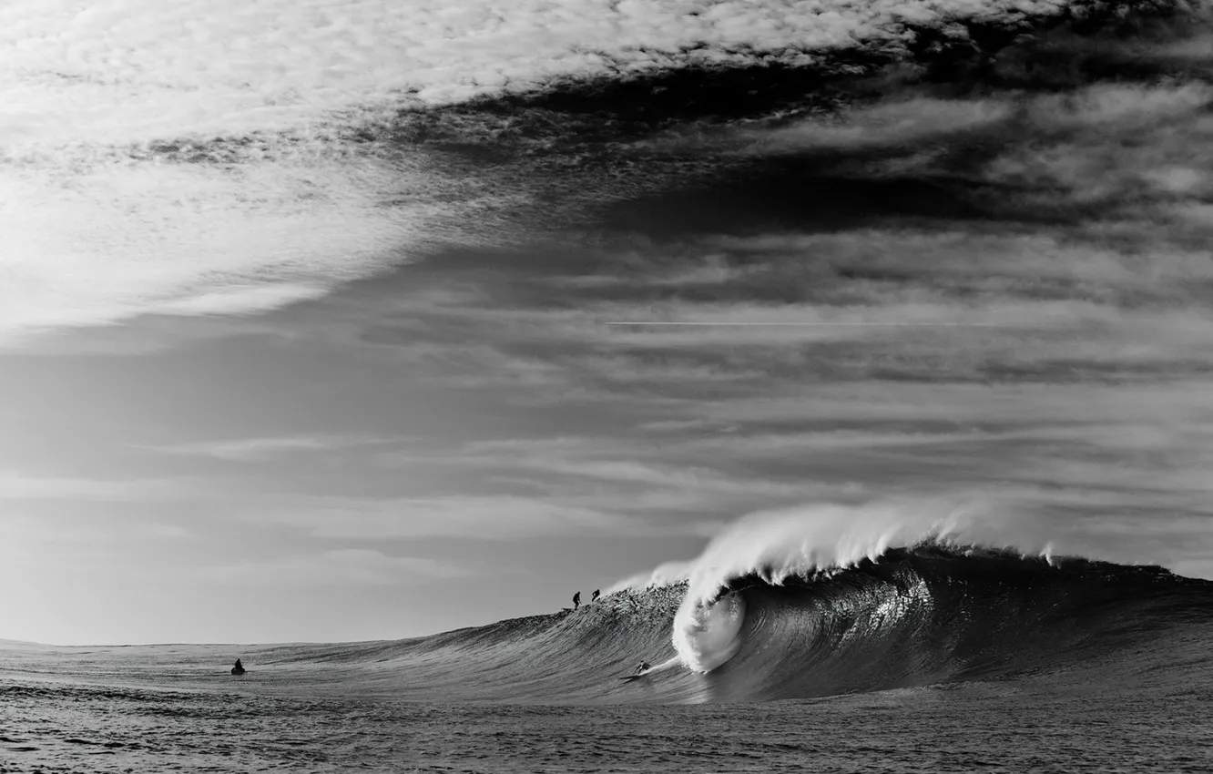 Photo wallpaper sea, wave, b/W, surfer