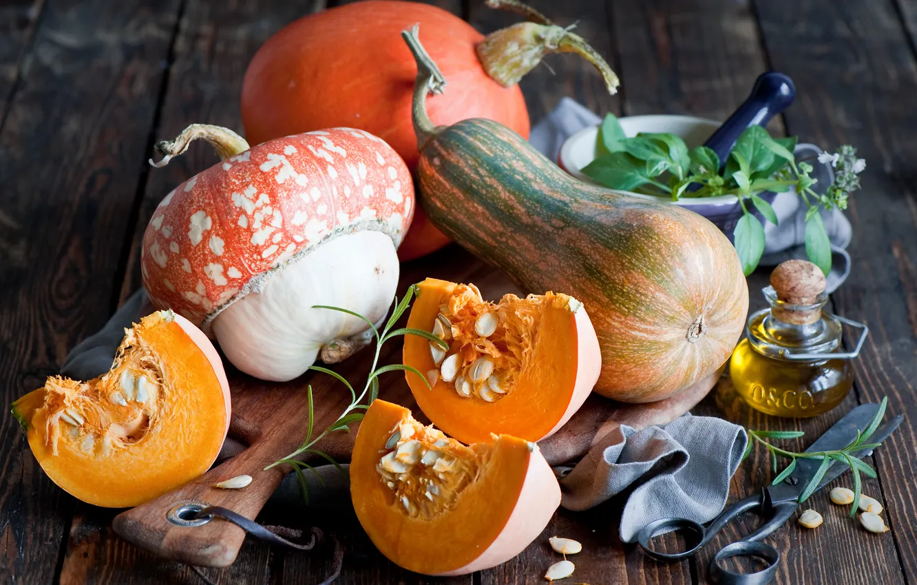 Photo wallpaper autumn, leaves, oil, pumpkin, vegetables, scissors, bottle, rosemary