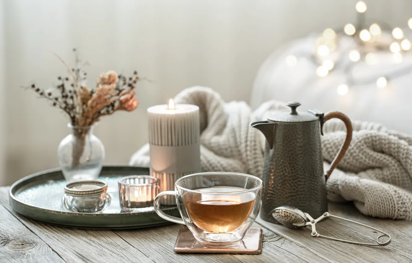 Photo wallpaper lights, comfort, tea, Board, candles, kettle, Cup, a bunch