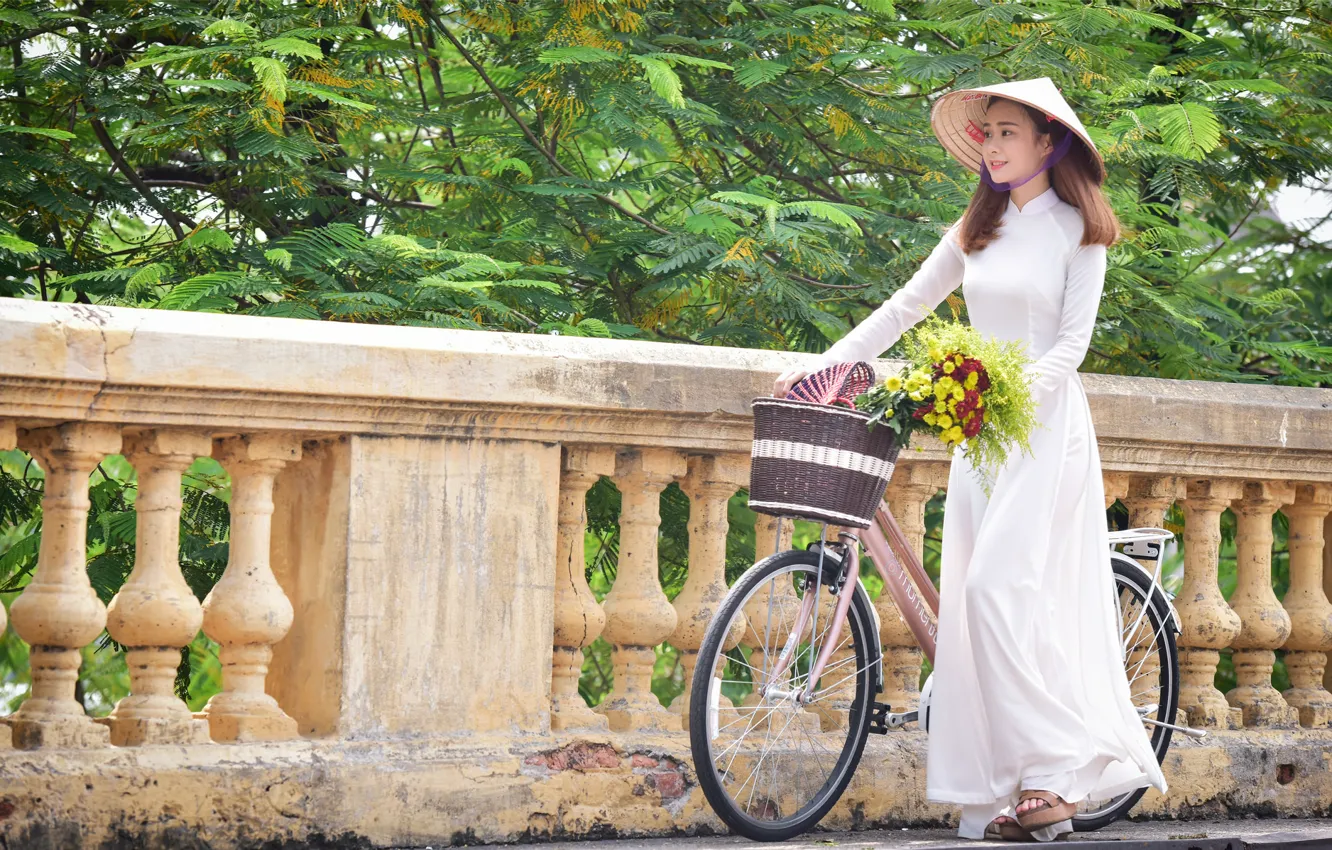 Photo wallpaper girl, flowers, bike, bouquet, walk, Asian