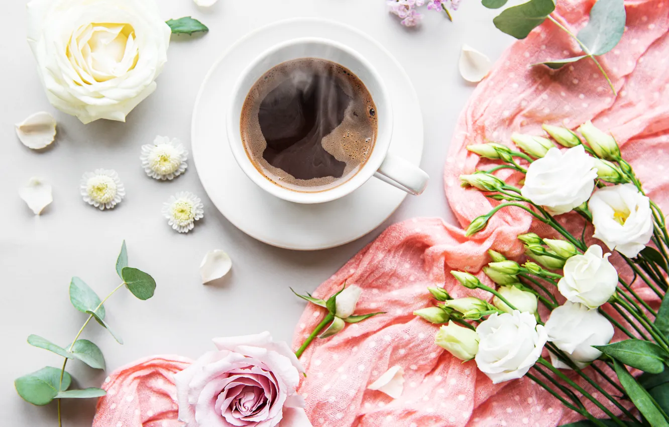 Photo wallpaper flowers, coffee, Cup, solitaire, eustoma