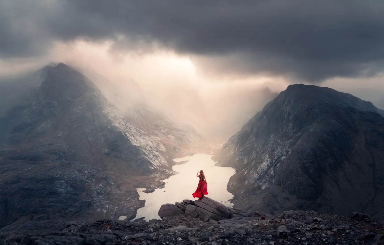 Photo wallpaper girl, mountains, fog, lake, stones, height, dress, Lizzy Gadd