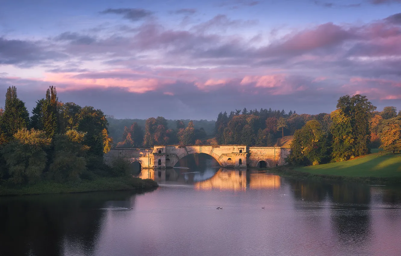 Photo wallpaper autumn, clouds, trees, bridge, fog, shore, England, arch