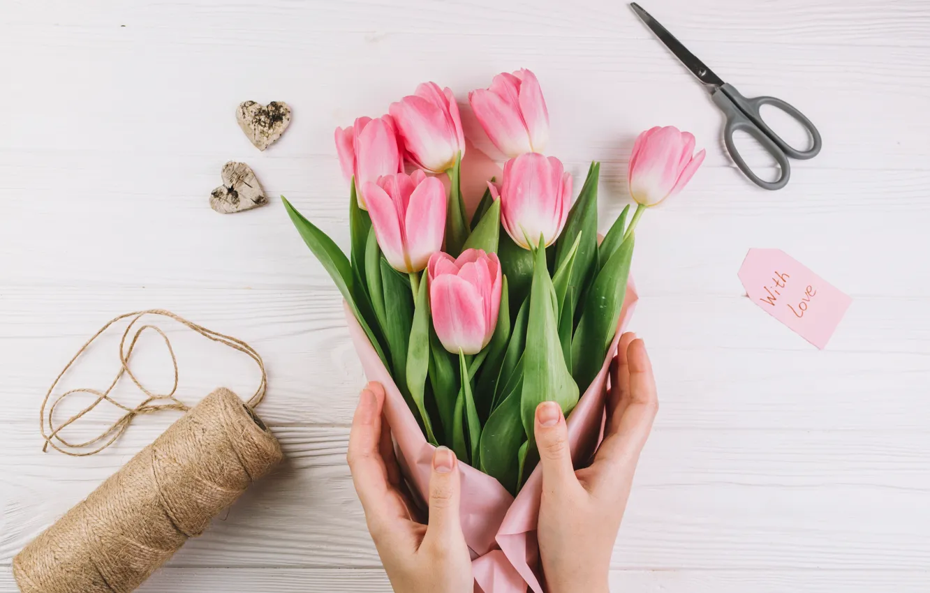 Photo wallpaper flowers, bouquet, hands, hearts, tulips, thread, scissors, a coil