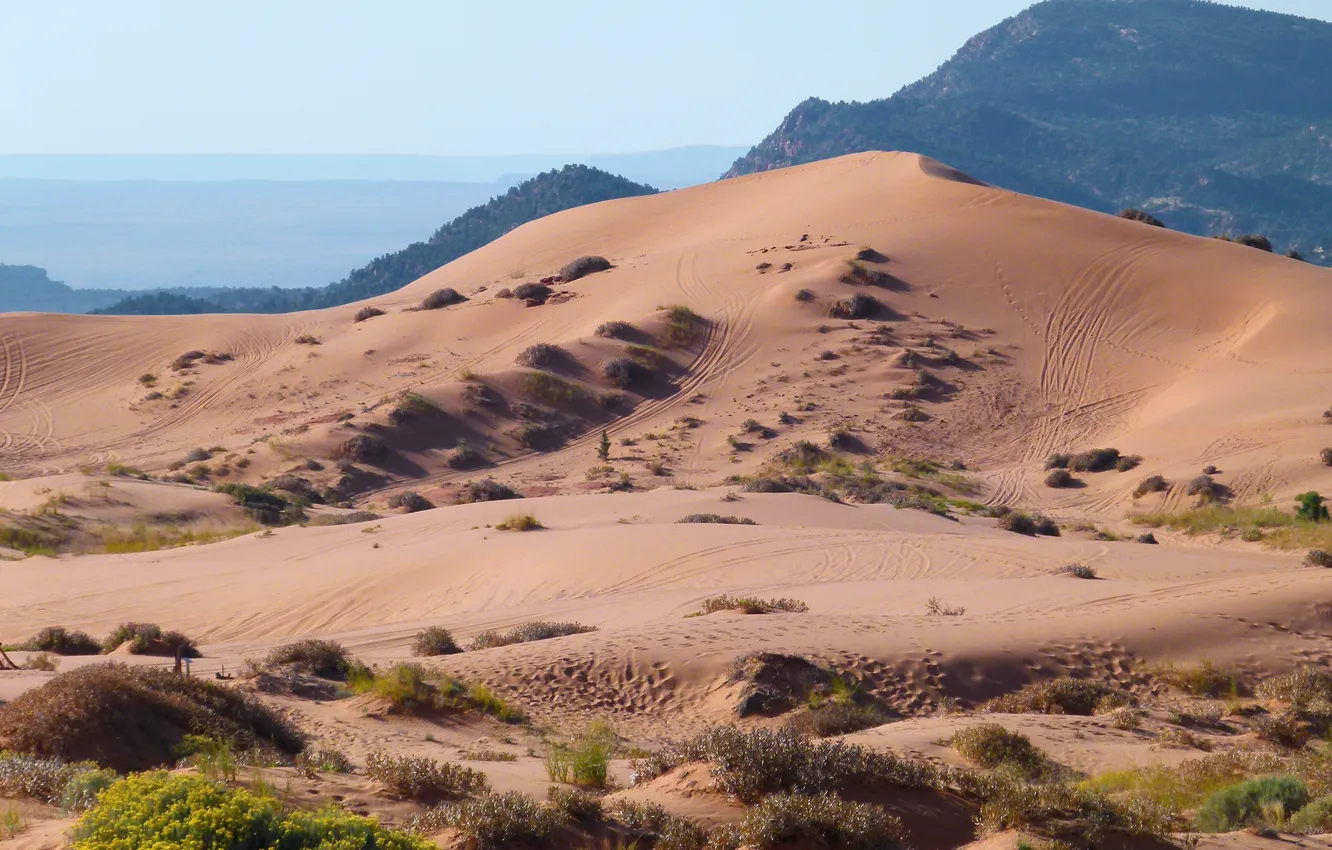 Photo wallpaper sand, the sky, clouds, landscape, mountains, nature, the dunes, desert
