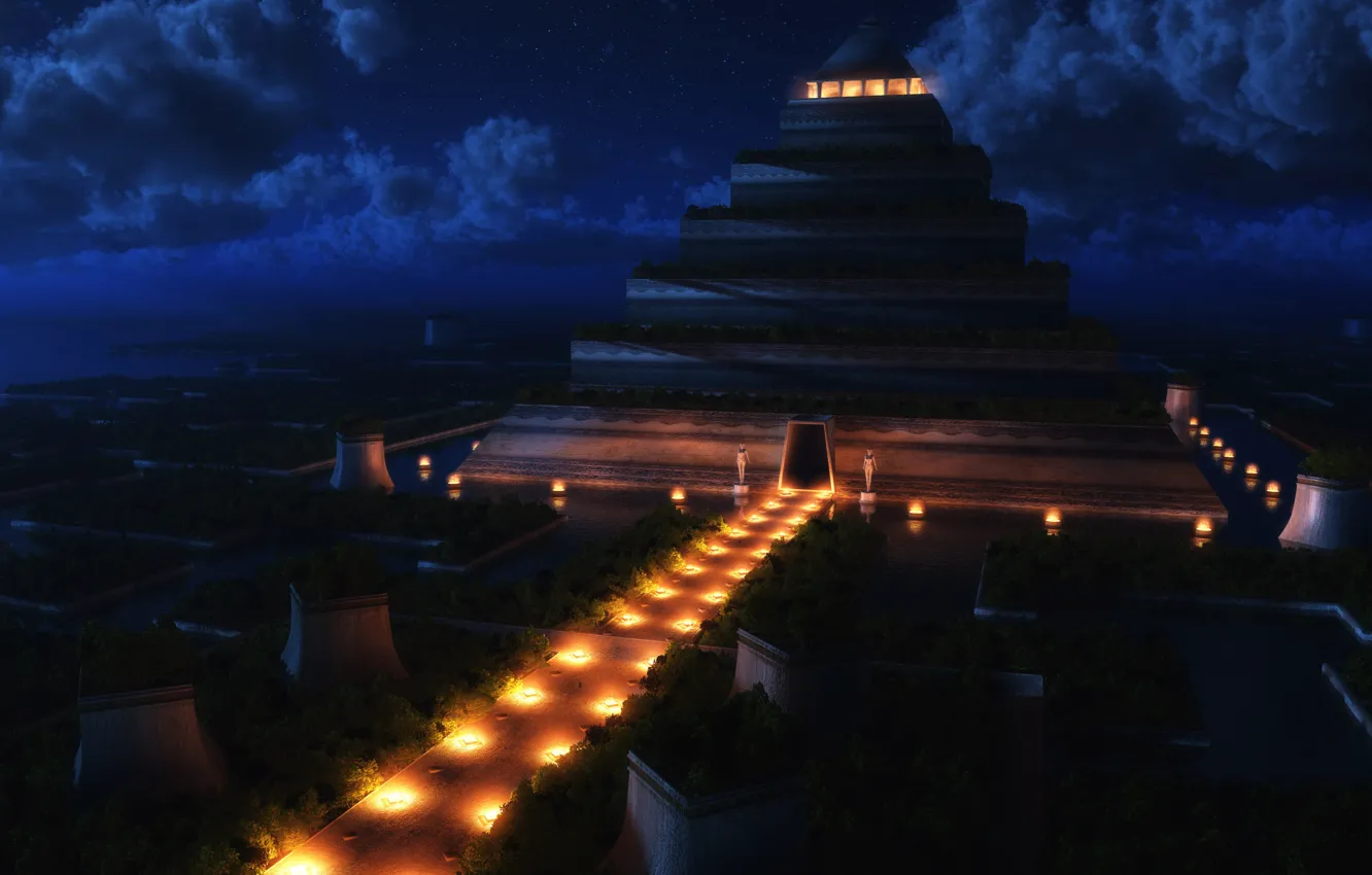 Photo wallpaper night, pyramid, temple