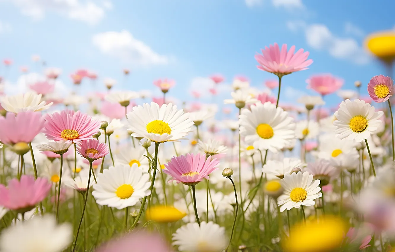 Photo wallpaper field, flowers, chamomile, spring, sunshine, flowering, blossom, flowers