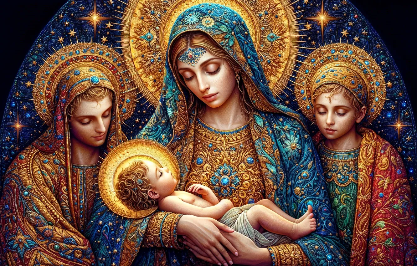 Photo wallpaper children, lights, holiday, Jesus, woman, Christmas, religion, Madonna